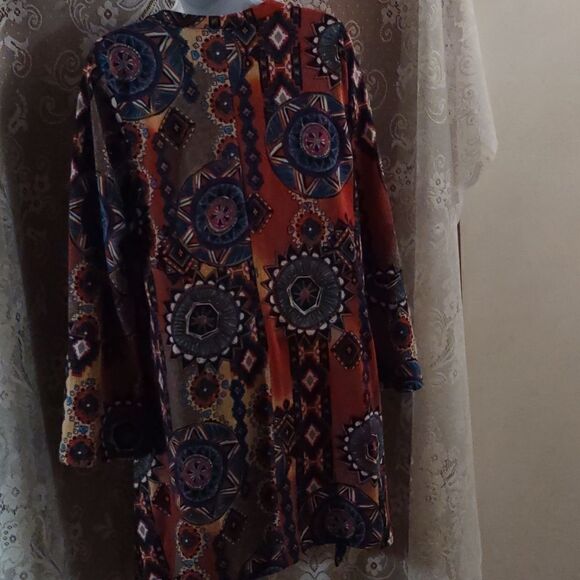 WinWin Size L XL Bell sleeve orange blue Geometric Boho‎ tunic v neck pullover - Picture 4 of 8
